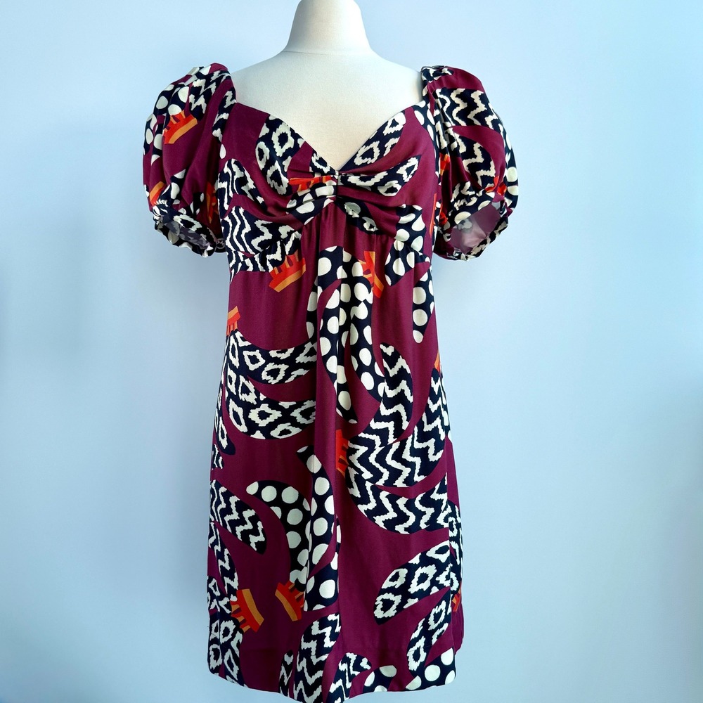 Farm Rio Burgundy Resort Babydoll Ethnic Banana Puff Sleeve Mini Dress-Size L